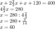 x+2 \frac{2}{3}x+x+120=400 \\ 4 \frac{2}{3} x=280 \\ x=280:4 \frac{2}{3} \\ x=280* \frac{3}{14} \\ x=60