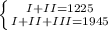 \left \{{{I + II =1225} \atop {I + II + III=1945}} \right