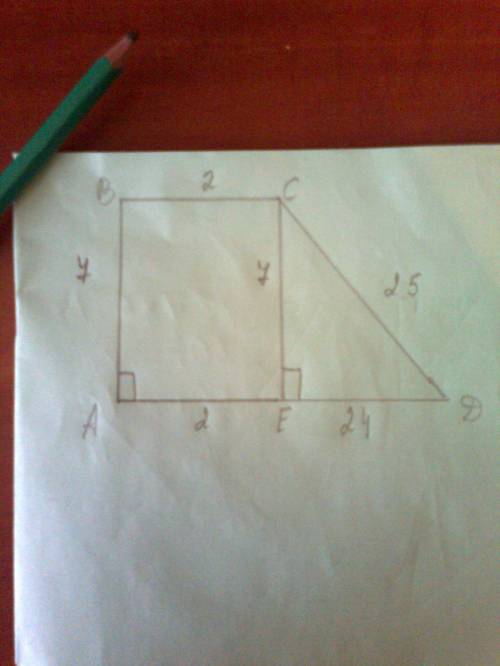 Впрямоугоьной трапеции боковые стороны равны 7см и 25см а меньшее основание равно 2см найдите площад