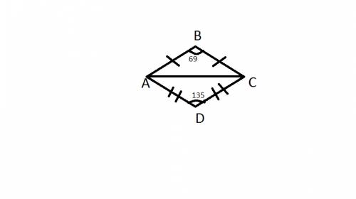 Ввыпуклом четырехугольнике abcd ab=bc, ad=cd , угол b=69 градусов,угол d=135 градусов. найдите угол