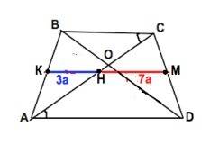 .(Диагонали трапеции точкой пересечения делятся в отношении 3 : 7 найдите основание трапеции, если е