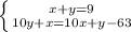 \left \{ {{x+y=9} \atop {10y+x=10x+y-63}} \right.