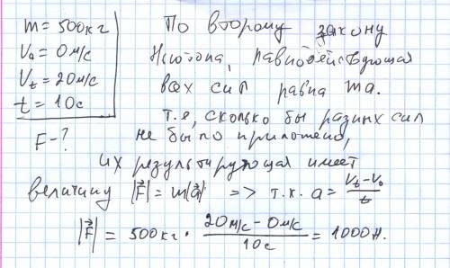 Автомобиль массой 500 кг, разгоняясь с места равноускоренно, достиг скорости 20м/с за 10с. найдите р