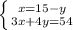 \left \{ {{x=15-y} \atop {3x+4y=54}} \right.