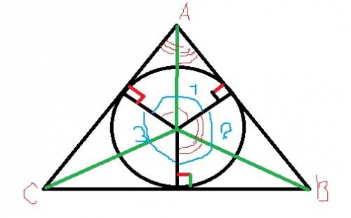 Втреугольник вписана окружность.углы между радиусами окружности,проведенными в точки касания,относят