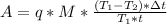 A=q*M*\frac{(T_{1}-T_{2})*\Delta t}{T_{1}*t}