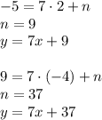 -5=7\cdot2+n\\ n= 9\\ y=7x+9\\ \\ 9=7\cdot(-4)+n\\ n=37\\ y=7x+37