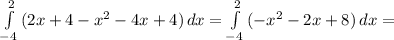 \int\limits^2_{-4} {(2x+4-x^2-4x+4)} \, dx = \int\limits^2_{-4} {(-x^2-2x+8)} \, dx =