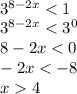  \\3^{8-2x}<1\\ 3^{8-2x}<3^0\\ 8-2x<0\\ -2x<-8\\ x4 