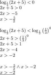  \\\log_{\frac{1}{3}}(2x+5)<0\\ 2x+50\\ 2x-5\\ x-\frac{5}{2}\\\\ \log_{\frac{1}{3}}(2x+5)<\log_{\frac{1}{3}}\left(\frac{1}{3}\right)^0\\ 2x+5{\left(\frac{1}{3}\right)}^0\\ 2x+51\\ 2x-4\\ x-2\\\\ x-\frac{5}{2} \wedge x-2\\ \underline{x-2} 