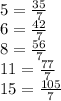 \\5=\frac{35}{7} \\6=\frac{42}{7} \\8=\frac{56}{7} \\11=\frac{77}{7} \\15=\frac{105}{7}