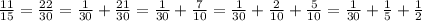 \frac{11}{15}=\frac{22}{30}=\frac{1}{30}+\frac{21}{30}=\frac{1}{30}+\frac{7}{10}=\frac{1}{30}+\frac{2}{10}+\frac{5}{10}=\frac{1}{30}+\frac{1}{5}+\frac{1}{2}