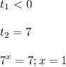 \displaystyle t_1\ \textless \ 0\\\\t_2=7\\\\7^x=7; x=1