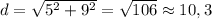 d=\sqrt{5^{2}+9^{2}}=\sqrt{106}\approx10,3