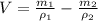 V=\frac{m_1}{\rho_1}-\frac{m_2}{\rho_2}