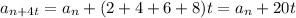 a_{n+4t}=a_n+(2+4+6+8)t=a_n+20t