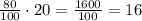 \frac{80}{100}\cdot20=\frac{1600}{100}=16