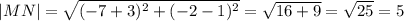 |MN| = \sqrt{(-7+3)^2+(-2-1)^2} = \sqrt{16 + 9} = \sqrt{25} = 5