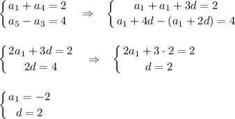 \displaystyle\left \{ {{a_1+a_4=2} \atop {a_5-a_3=4}} \right.~~\Rightarrow~~\left \{ {{a_1+a_1+3d=2} \atop {a_1+4d-(a_1+2d)=4}} \right.\\\\\\\left \{ {{2a_1+3d=2} \atop {2d=4}} \right.~~\Rightarrow~~\left \{ {{2a_1+3\cdot2=2} \atop {d=2}} \right.\\\\\\\left \{ {{a_1=-2} \atop {d=2}} \right.