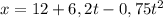 x=12+6,2t-0,75t^{2}