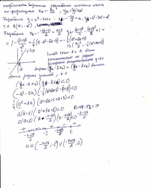 Найти все значения a, при которых вершины парабол y=x^2 -2ax и y=x^2-(a+3)x+1 лежат по разные сторон