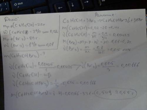 Определите массу осадка, при смешении 20 г 2%-ного водного раствора фенола и 80 г бромной воды с мас