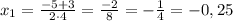 x_{1}=\frac{-5+3}{2\cdot4}=\frac{-2}{8}=-\frac{1}{4}=-0,25