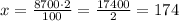 x=\frac{8700\cdot2}{100}=\frac{17400}{2}=174