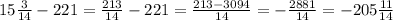 15\frac{3}{14}-221=\frac{213}{14}-221=\frac{213-3094}{14}=-\frac{2881}{14}=-205\frac{11}{14}