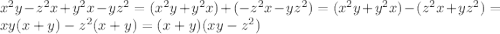 x^{2}y-z^{2}x+y^{2}x-yz^{2}=(x^{2}y+y^{2}x)+(-z^{2}x-yz^{2})=(x^{2}y+y^{2}x)-(z^{2}x+yz^{2})= xy(x+y)-z^{2}(x+y)=(x+y)(xy-z^{2})