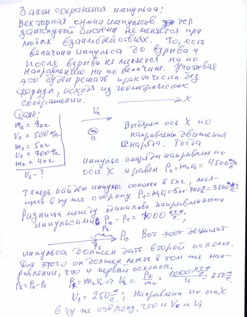 Снаряд, летящий со скоростью 500 м/с, разорвался на два осколка. скорость первого осколка массой 5 к