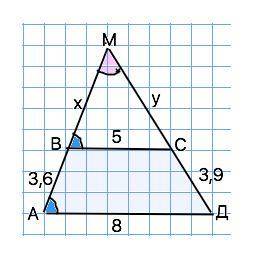 Основания трапеции равны 5 см и 8 см. боковые стороны, равные 3,6 см и 3,9 см, продолжены до пересеч