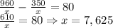 \\\frac{960}x-\frac{350}x=80\\\frac{610}x=80\Rightarrow x=7,625