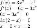 \\f(x) = 3x^2 - x^3\\ f'(x)=6x-3x^2\\ 6x-3x^2=0\\ 3x(2-x)=0\\ x=0 \vee x=2