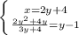 \left \{ {{x=2y+4} \atop {\frac{2y^2+4y}{3y+4}=y-1}} \right.