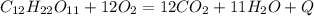 C_{12}H_{22}O_{11}+12O_2=12CO_2+11H_2O+Q