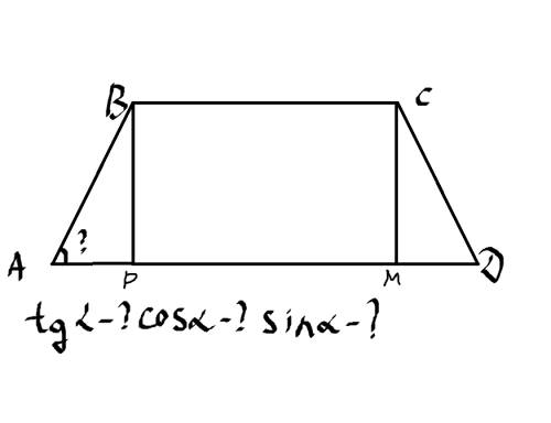 Найдите синус,косинус,тангес острого угла равнобедренной трапеции разность оснований которой равна 8