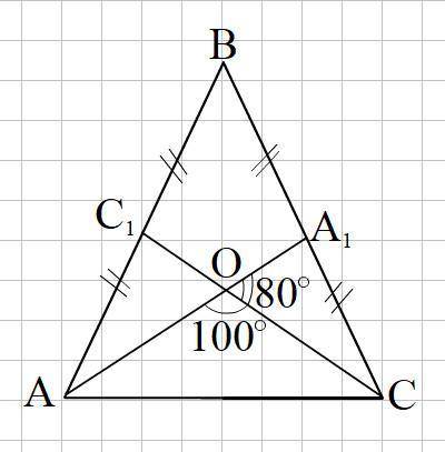 Медиана aa1 и cc1 равнобедренного треугольника abc с основанием ac пересекаются в точке o.известно, 