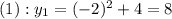 (1):y_{1}=(-2)^{2}+4=8