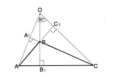 Втреугольнике авс угол в-тупой, продолжение высот аа1, вв1, сс1 пересекаютя в точке о, угол аос=60гр