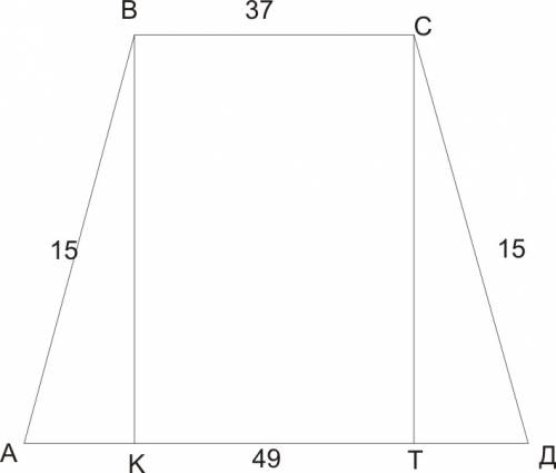 Найдите косинус острого угла равнобедренной трапеции,основания которой равны 37 и 49,а боковые сторо