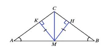 На основании ав равнобедренного треугольника авс взята точка м, равноудаленная от боковых сторон.док