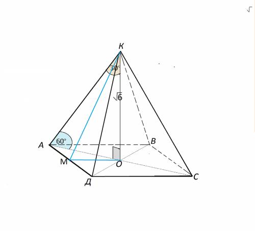 Высота правильной четырехугольной пирамиды равна √6 см, а боковое ребро наклонено к плоскости основа