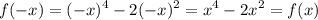 \displaystyle f(-x)=(-x)^4-2(-x)^2=x^4-2x^2=f(x)