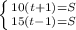 \left \{ {{10(t+1)=S} \atop {15(t-1)=S}} \right.