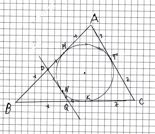 Кокружности вписанной втреугольник abc проведена касательная пересекающая ab и bc в точках p и q соо