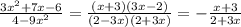 \frac{3x^2+7x-6}{4-9x^2}=\frac{(x+3)(3x-2)}{(2-3x)(2+3x)}=-\frac{x+3}{2+3x}