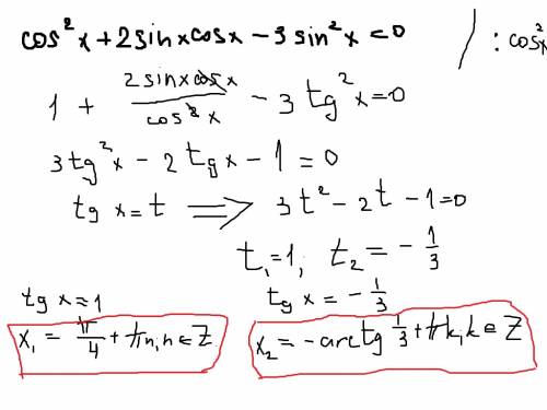 Cos в квадрате x + sin2x -3sin в квадрате x=0 найти х