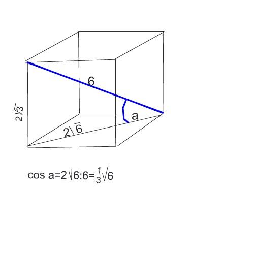 Диагональ куба равна 6 см. найти: а) ребро куба, б) косинус угла между диагональю куба и плоскостью 
