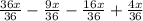  \frac{36x}{36} - \frac{9x}{36} - \frac{16x}{36} + \frac{4x}{36} 